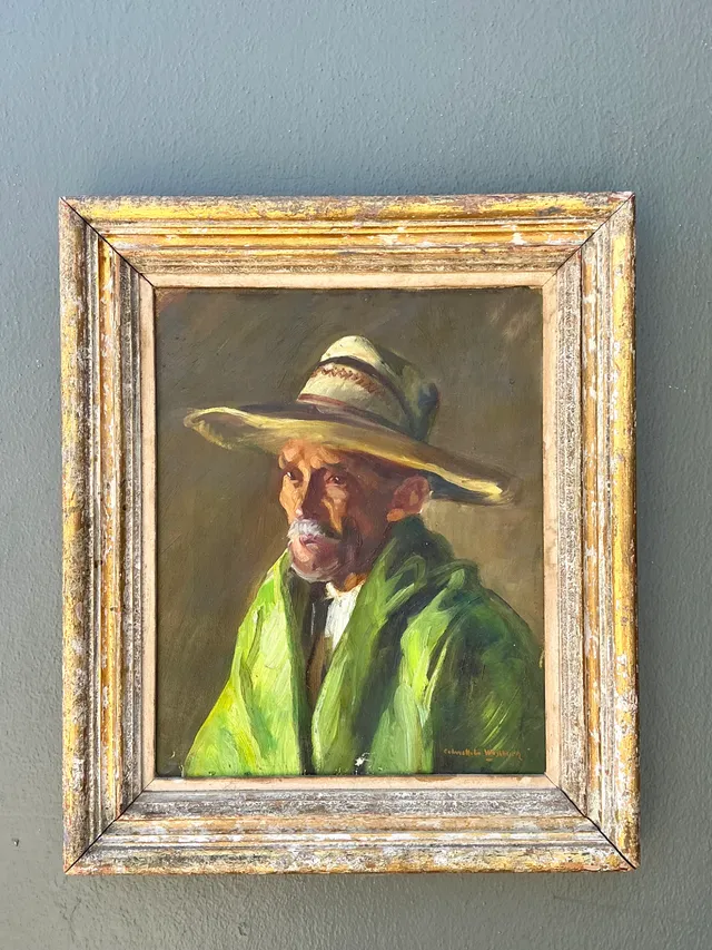 Vintage Framed Oil Painting of Man in Hat — additional photo 6