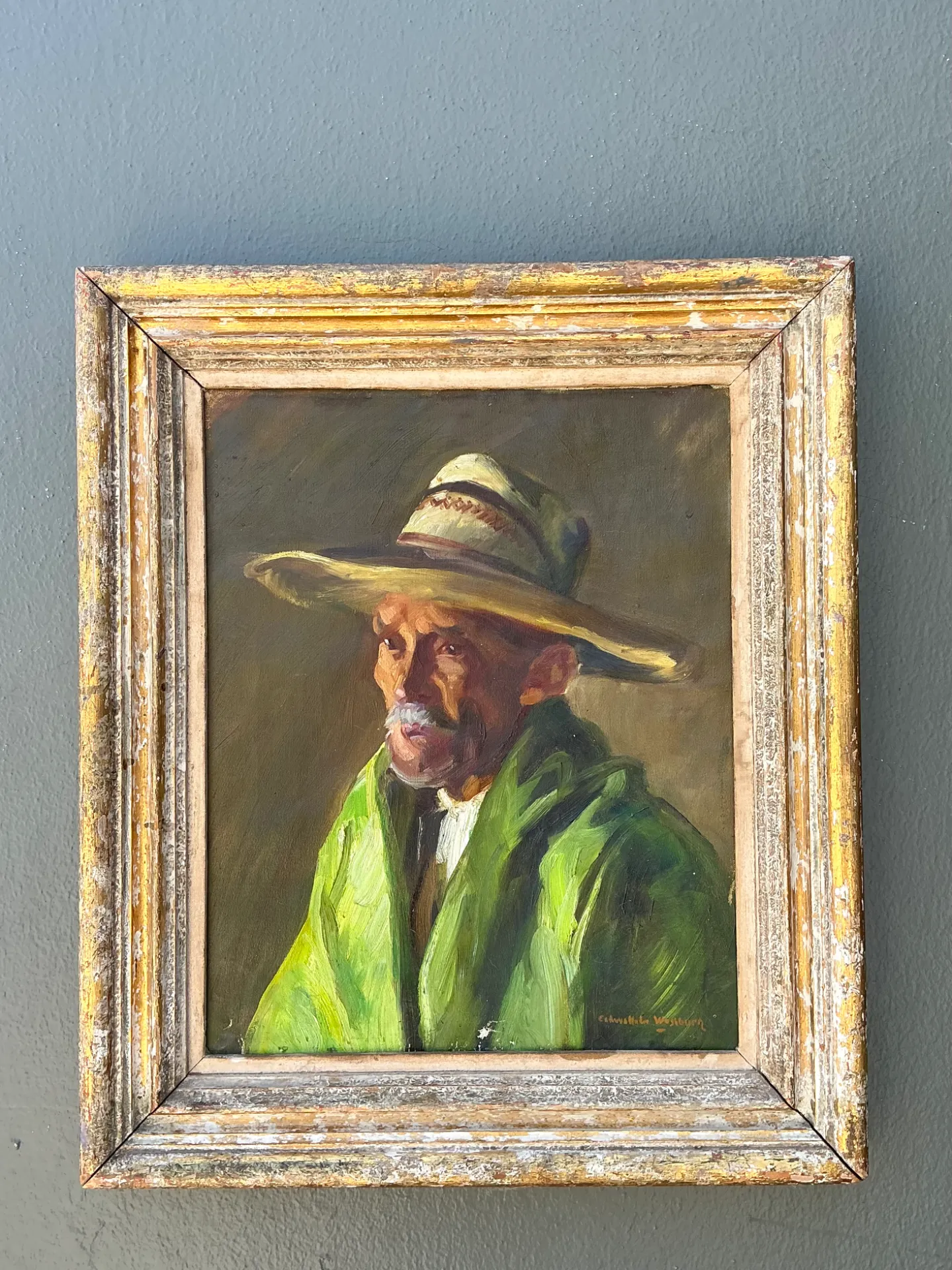 Vintage Framed Oil Painting of Man in Hat — additional photo 1