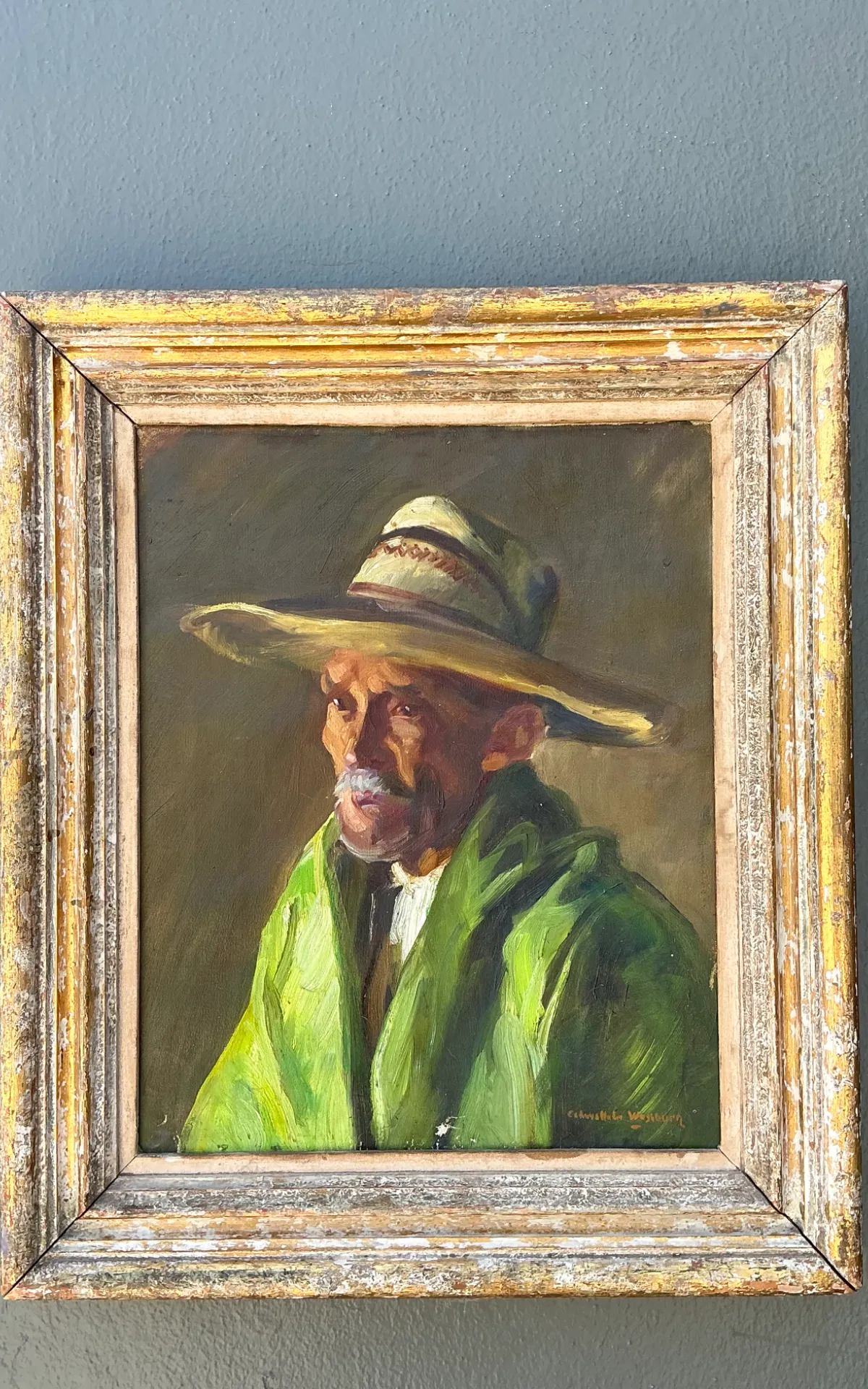 Vintage Framed Oil Painting of Man in Hat