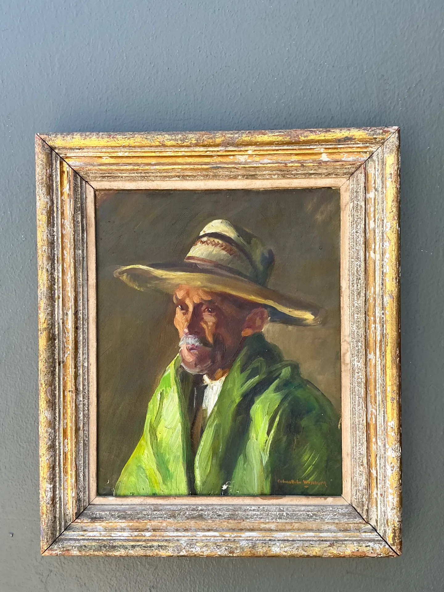 Vintage Framed Oil Painting of Man in Hat — additional photo 2