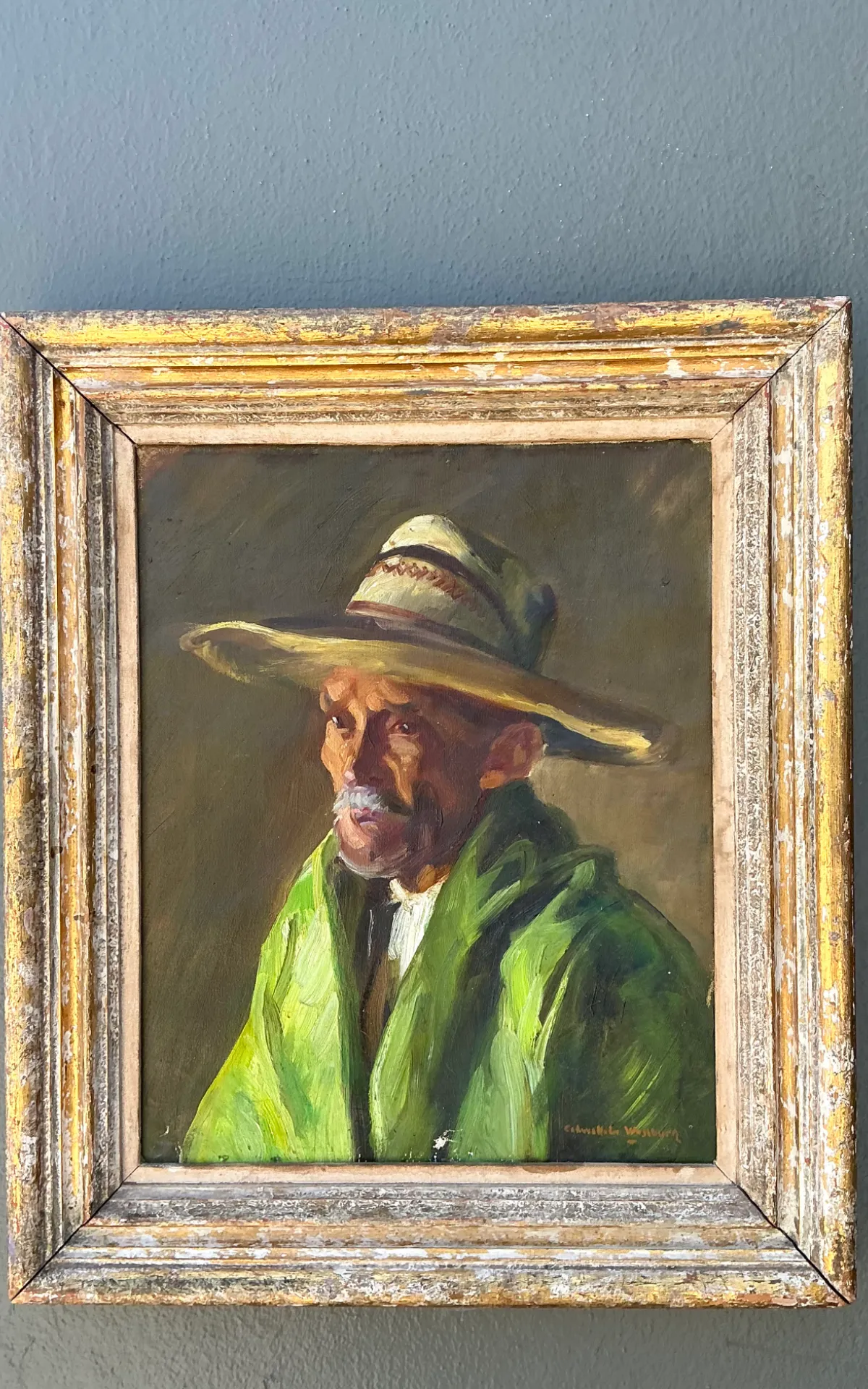 Vintage Framed Oil Painting of Man in Hat — additional photo 2