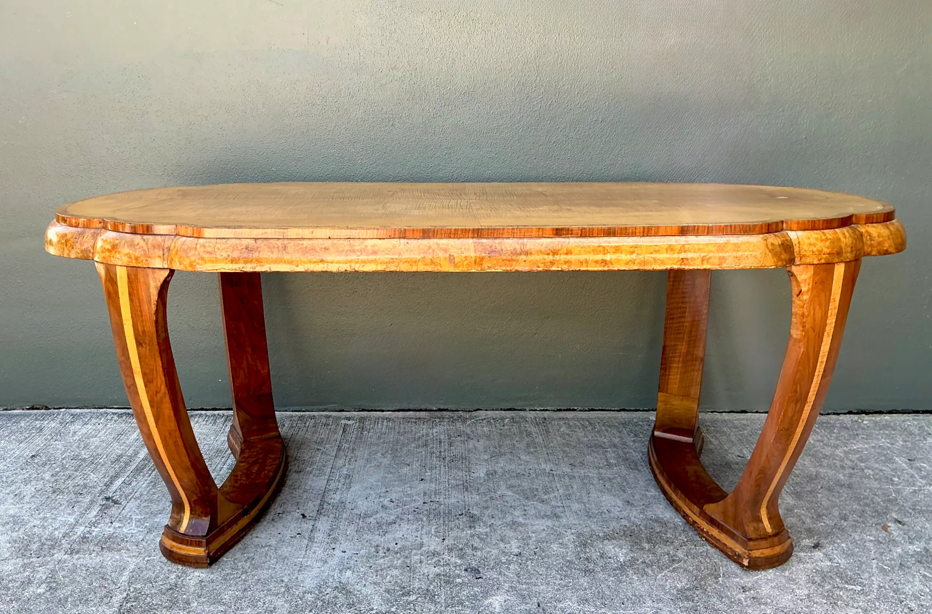 Vintage Art Deco Scalloped Edge Burl Wood Center Hall Table — additional photo 2