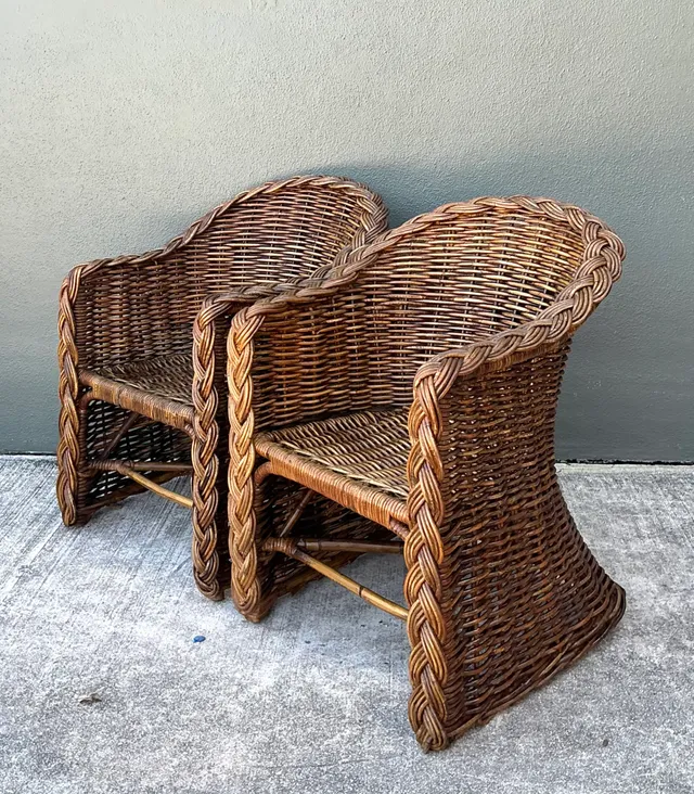Vintage Woven Rattan Lounge Chairs - Pair — additional photo 4