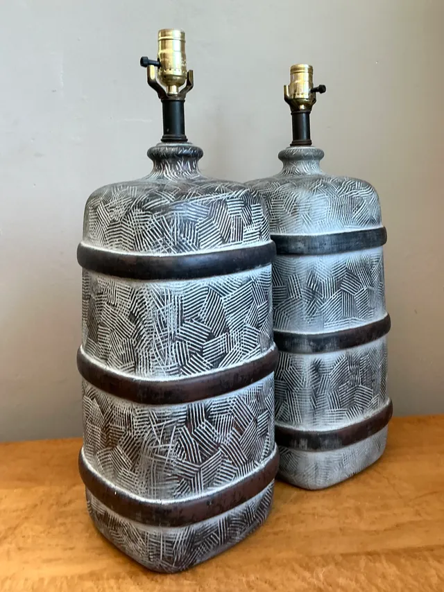 Vintage Geometric Ceramic Table Lamps - Pair — additional photo 3