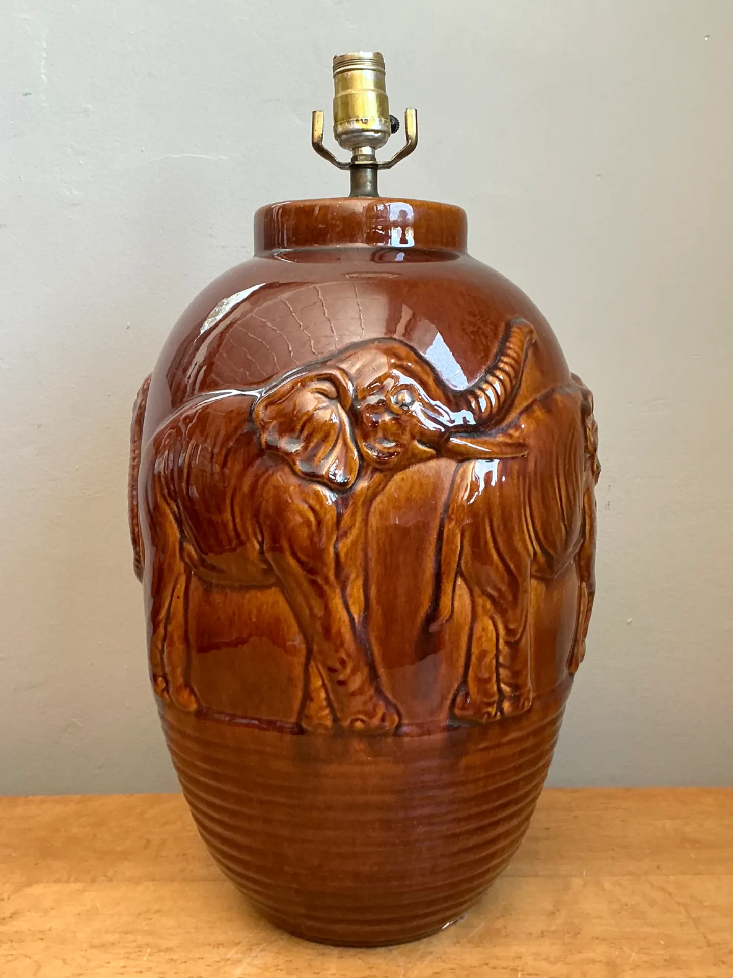 Vintage Brown Glazed Ceramic Elephant Lamp — additional photo 6