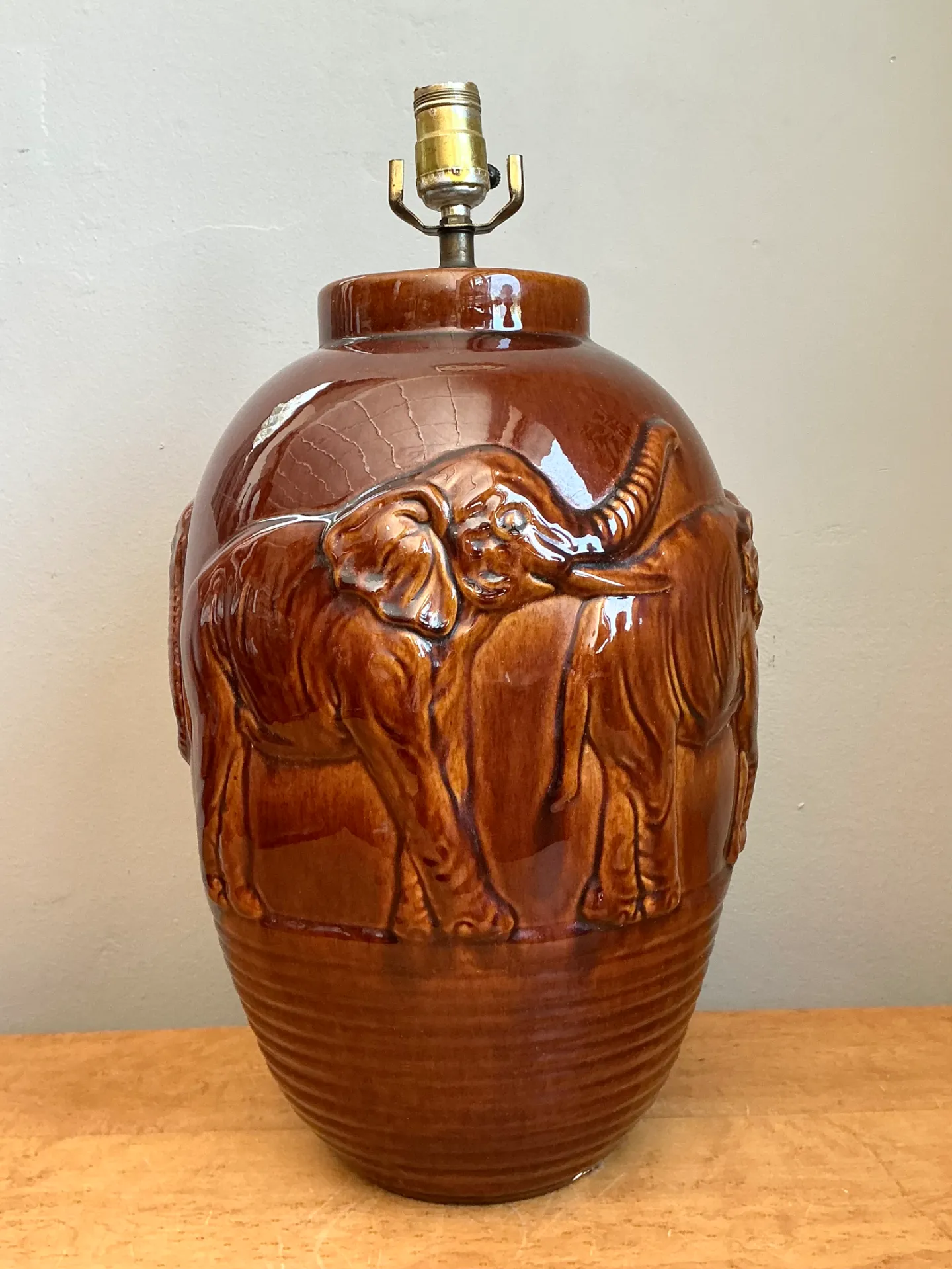 Vintage Brown Glazed Ceramic Elephant Lamp — additional photo 3