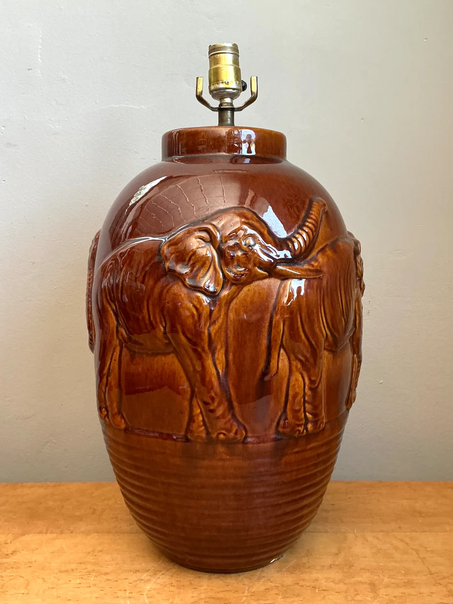 Vintage Brown Glazed Ceramic Elephant Lamp — additional photo 1