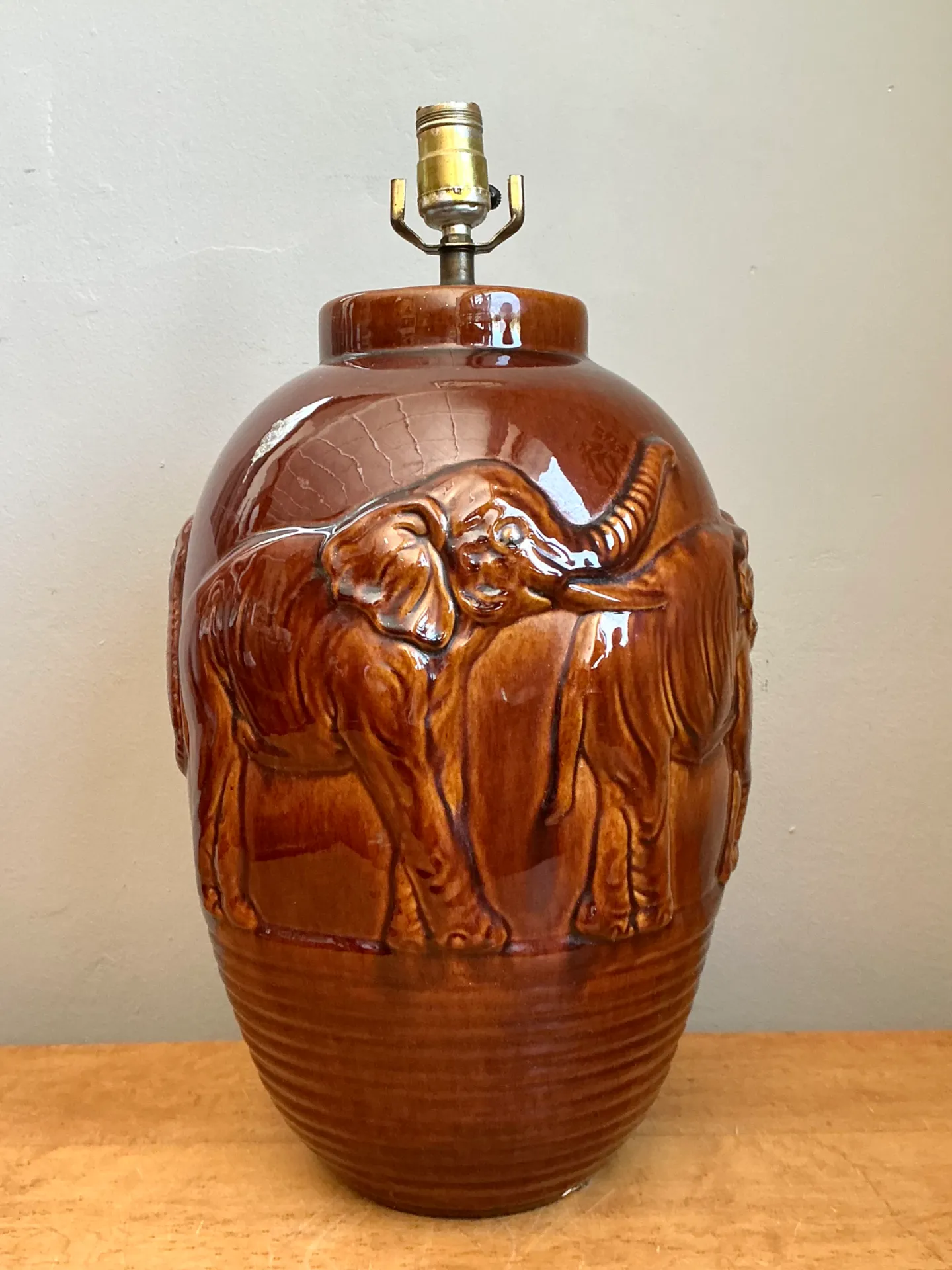 Vintage Brown Glazed Ceramic Elephant Lamp — additional photo 7