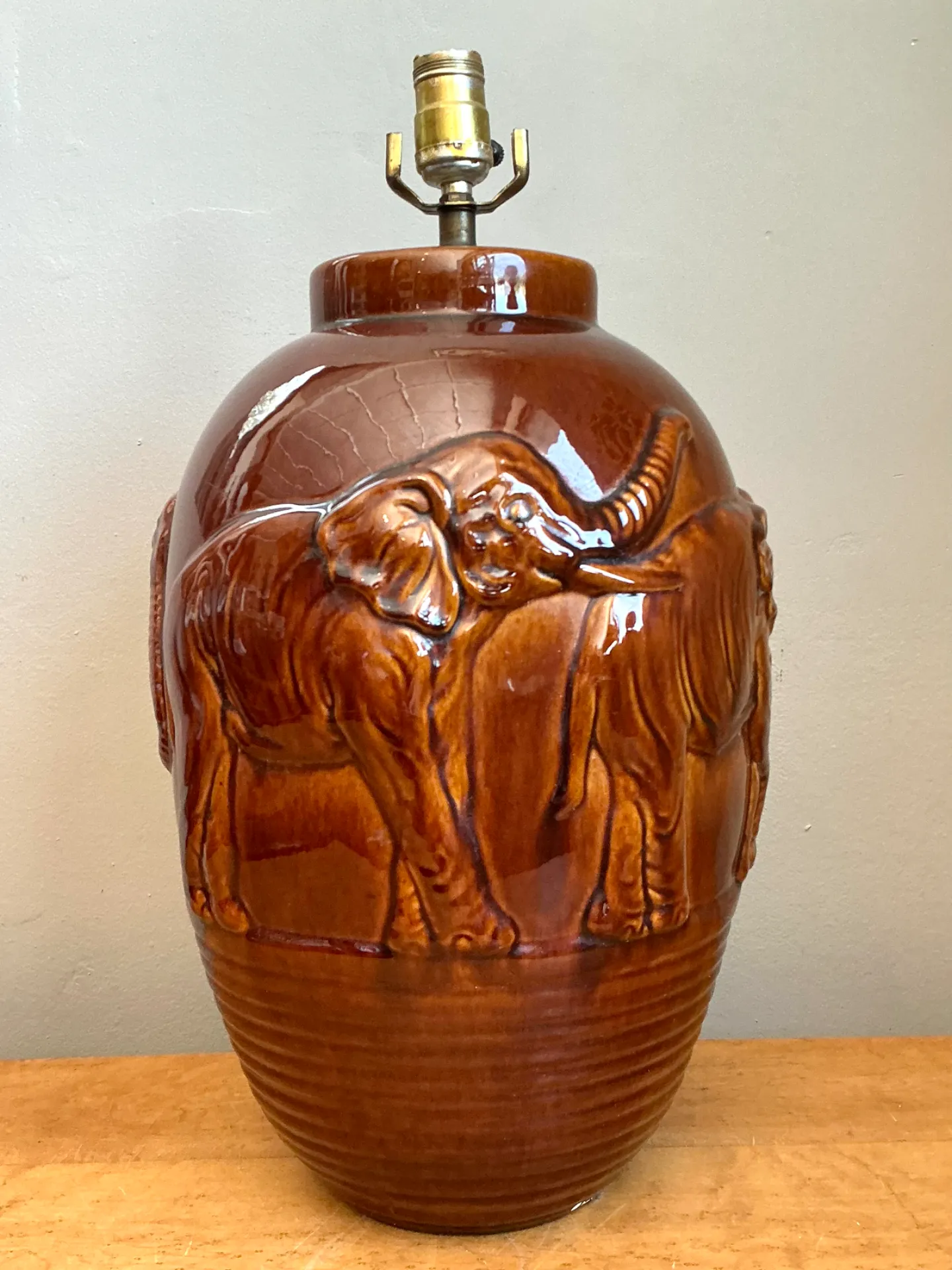 Vintage Brown Glazed Ceramic Elephant Lamp — additional photo 4