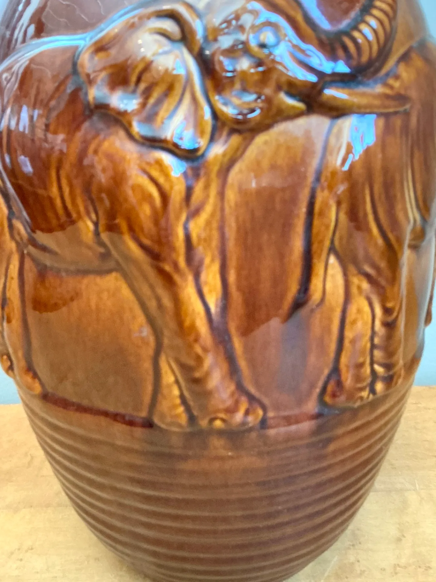 Vintage Brown Glazed Ceramic Elephant Lamp — additional photo 2