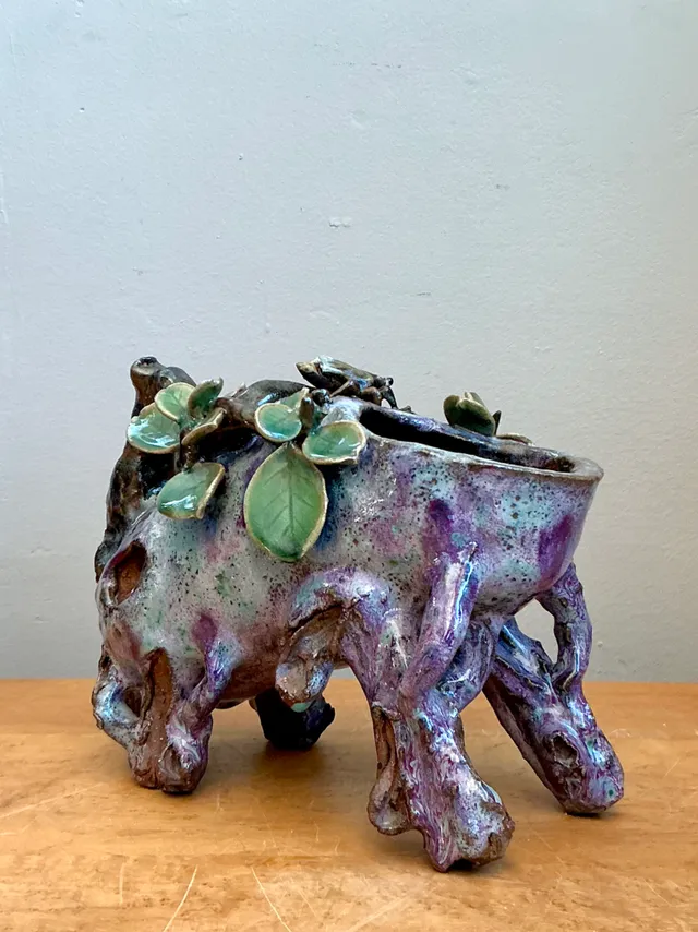 Vintage Sinwah Pottery Faux Bois Cache Pot — additional photo 2