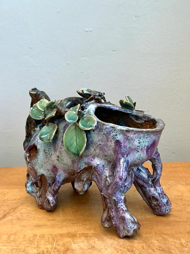 Vintage Sinwah Pottery Faux Bois Cache Pot — additional photo 3