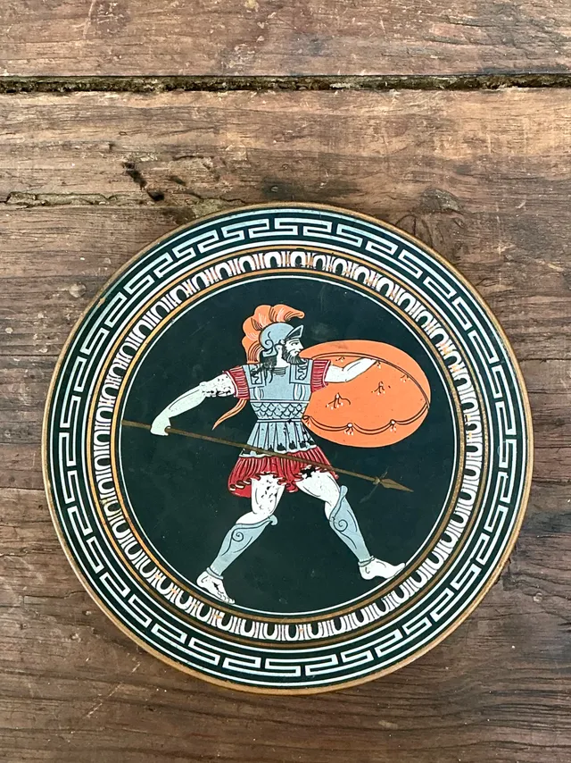 Vintage Painted Metal Plate with Greek Warrior — additional photo 3