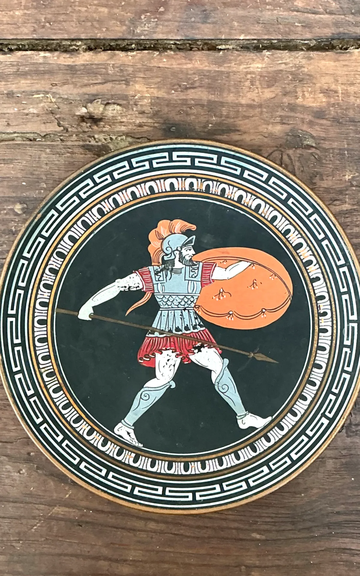 Vintage Painted Metal Plate with Greek Warrior