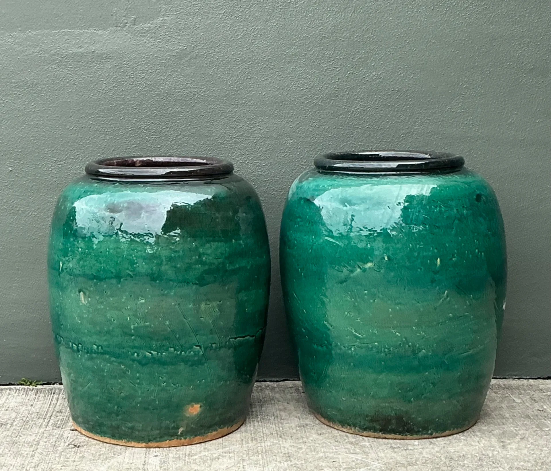 Vintage Green Glazed Earthenware Vessels - A Pair — additional photo 1