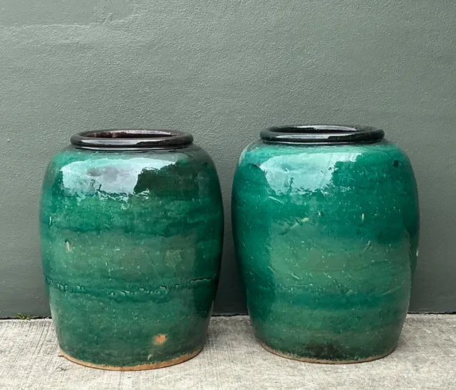 Vintage Green Glazed Earthenware Vessels - A Pair — additional photo 1