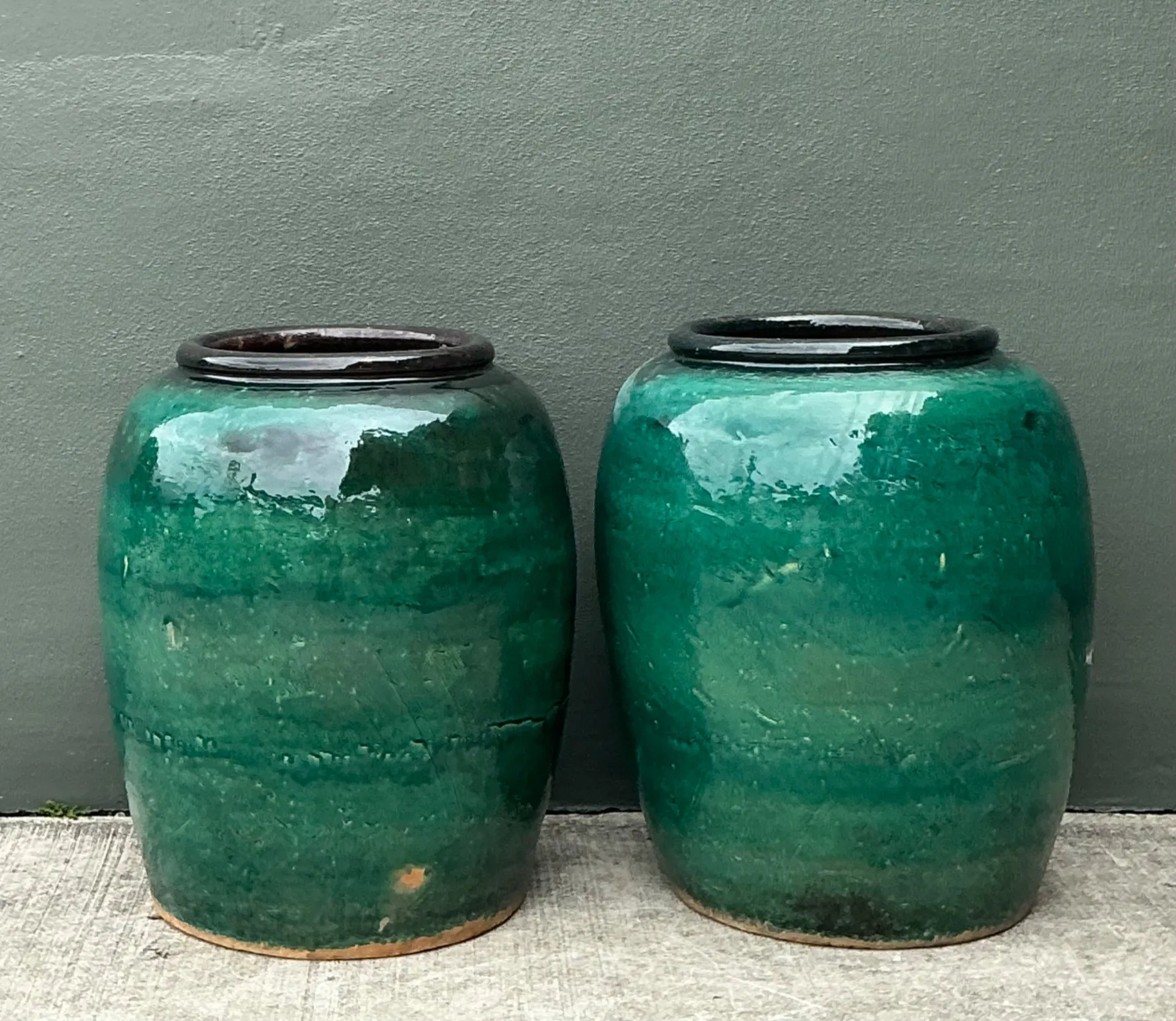 Vintage Green Glazed Earthenware Vessels - A Pair — additional photo 3