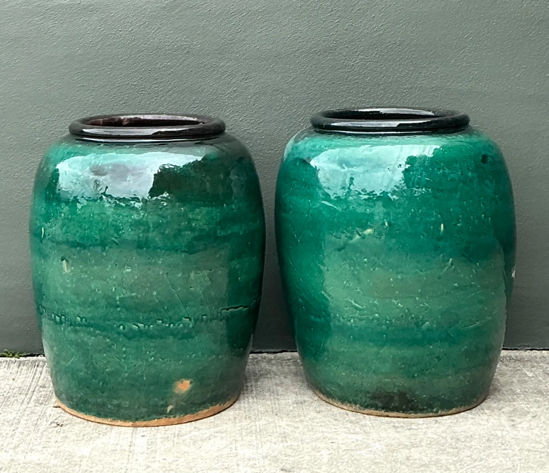 Vintage Green Glazed Earthenware Vessels - A Pair — additional photo 7