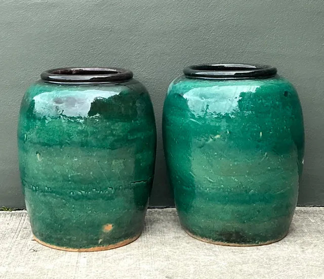 Vintage Green Glazed Earthenware Vessels - A Pair — additional photo 7