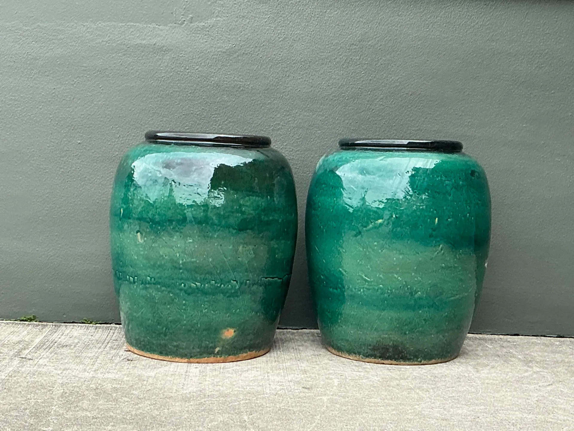 Vintage Green Glazed Earthenware Vessels - A Pair — additional photo 2
