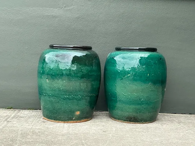 Vintage Green Glazed Earthenware Vessels - A Pair — additional photo 2