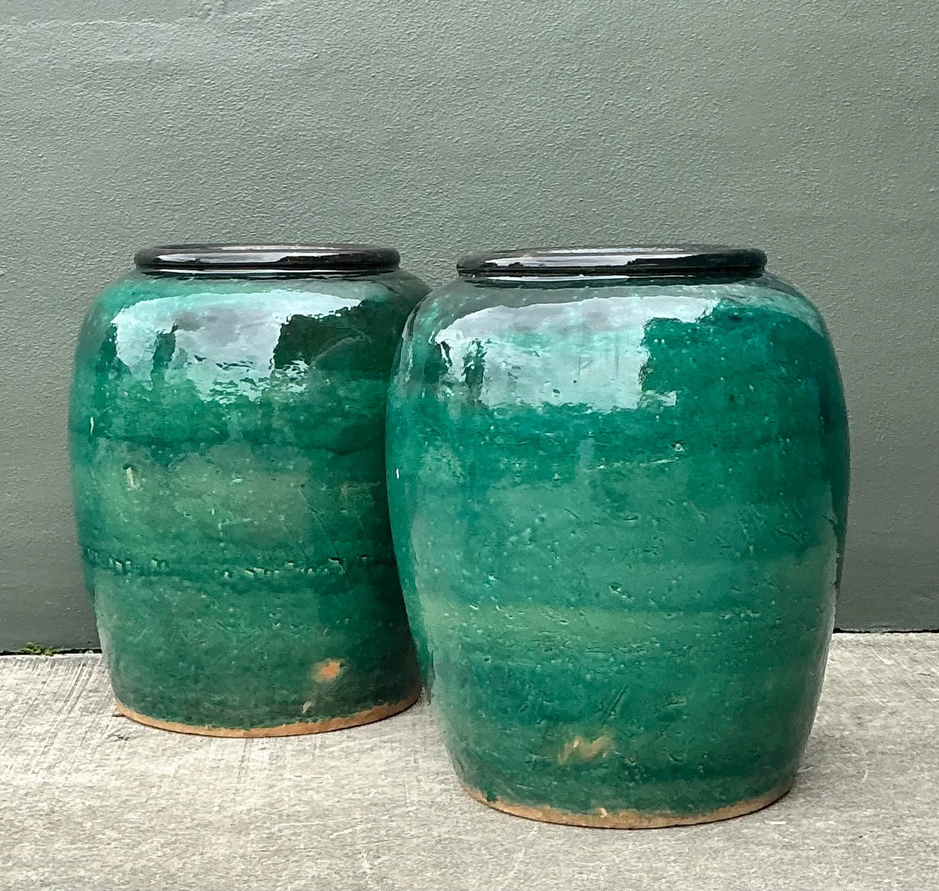 Vintage Green Glazed Earthenware Vessels - A Pair — additional photo 6