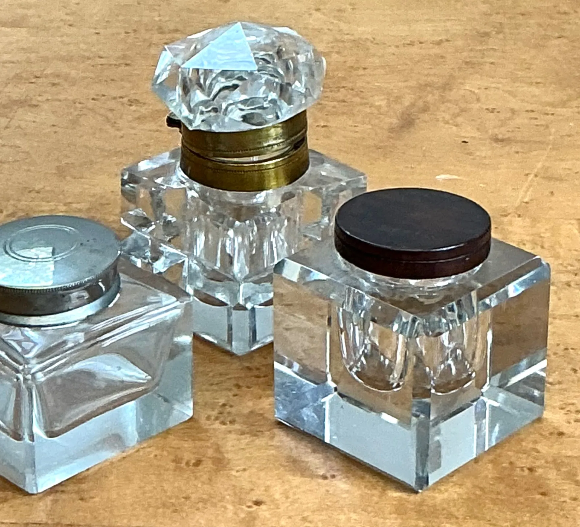 Vintage Clear Glass and Brass Inkwells - Set of 3 — additional photo 1