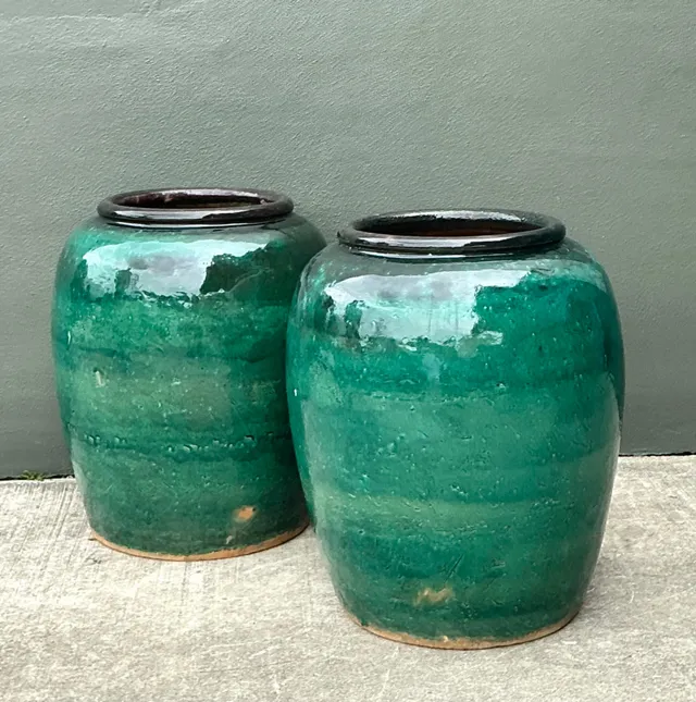 Vintage Green Glazed Earthenware Vessels - A Pair — additional photo 8
