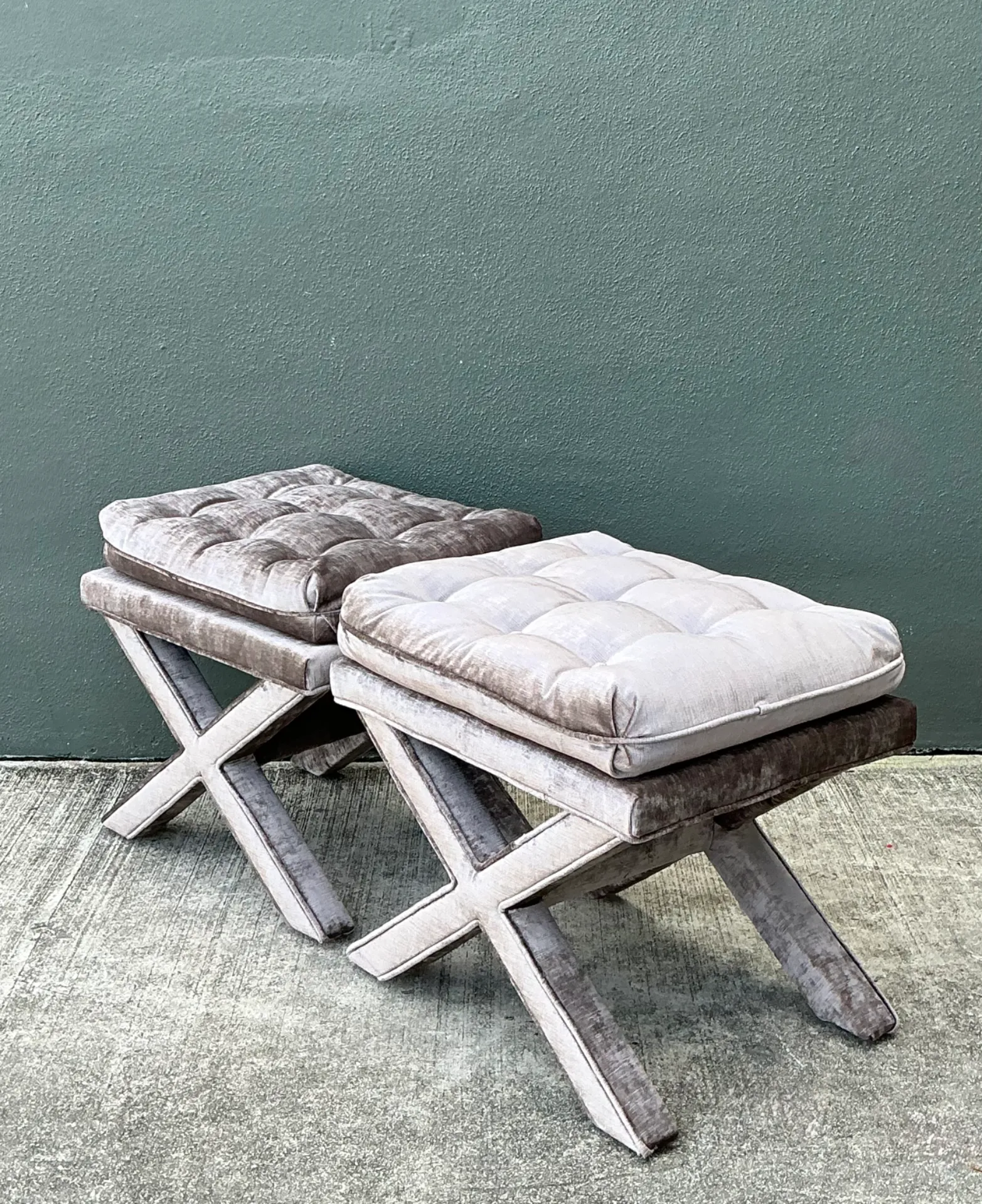 Vintage Tufted Velvet X Benches - A Pair — additional photo 7
