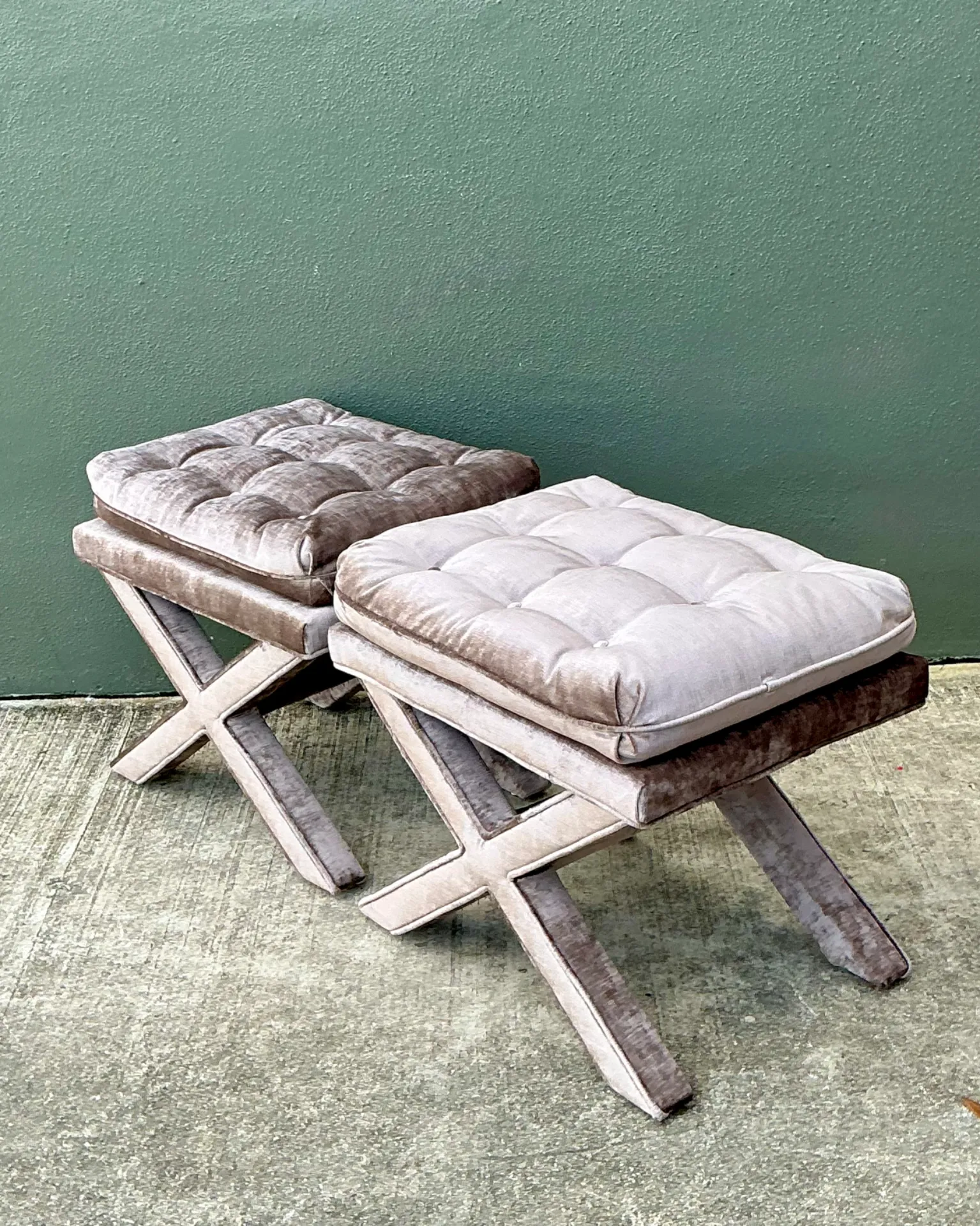 Vintage Tufted Velvet X Benches - A Pair — additional photo 3