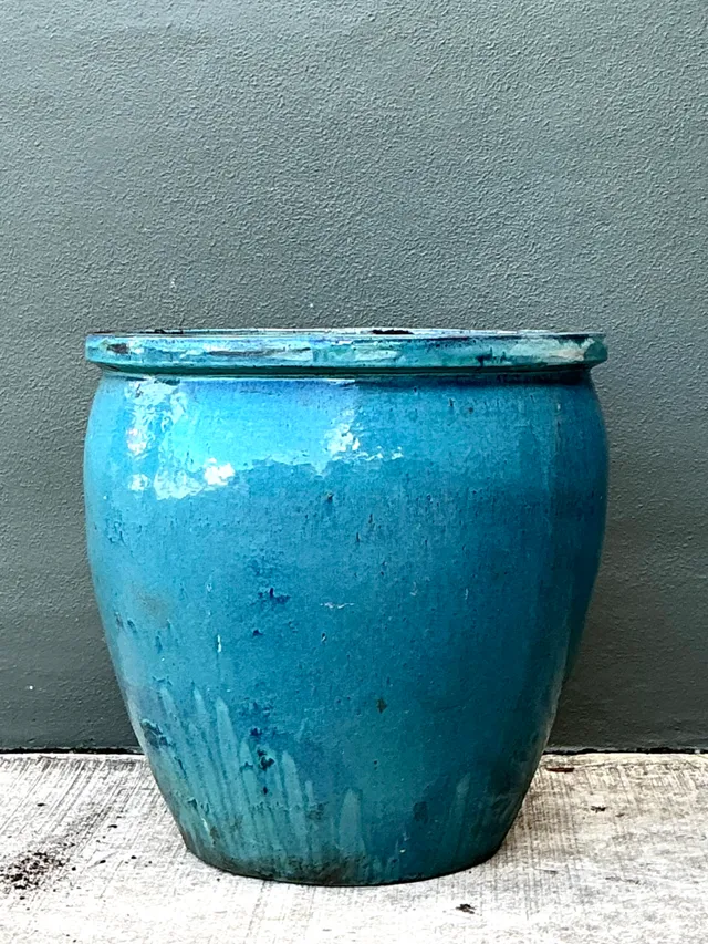 Vintage Blue Glazed Ceramic Planter — additional photo 2