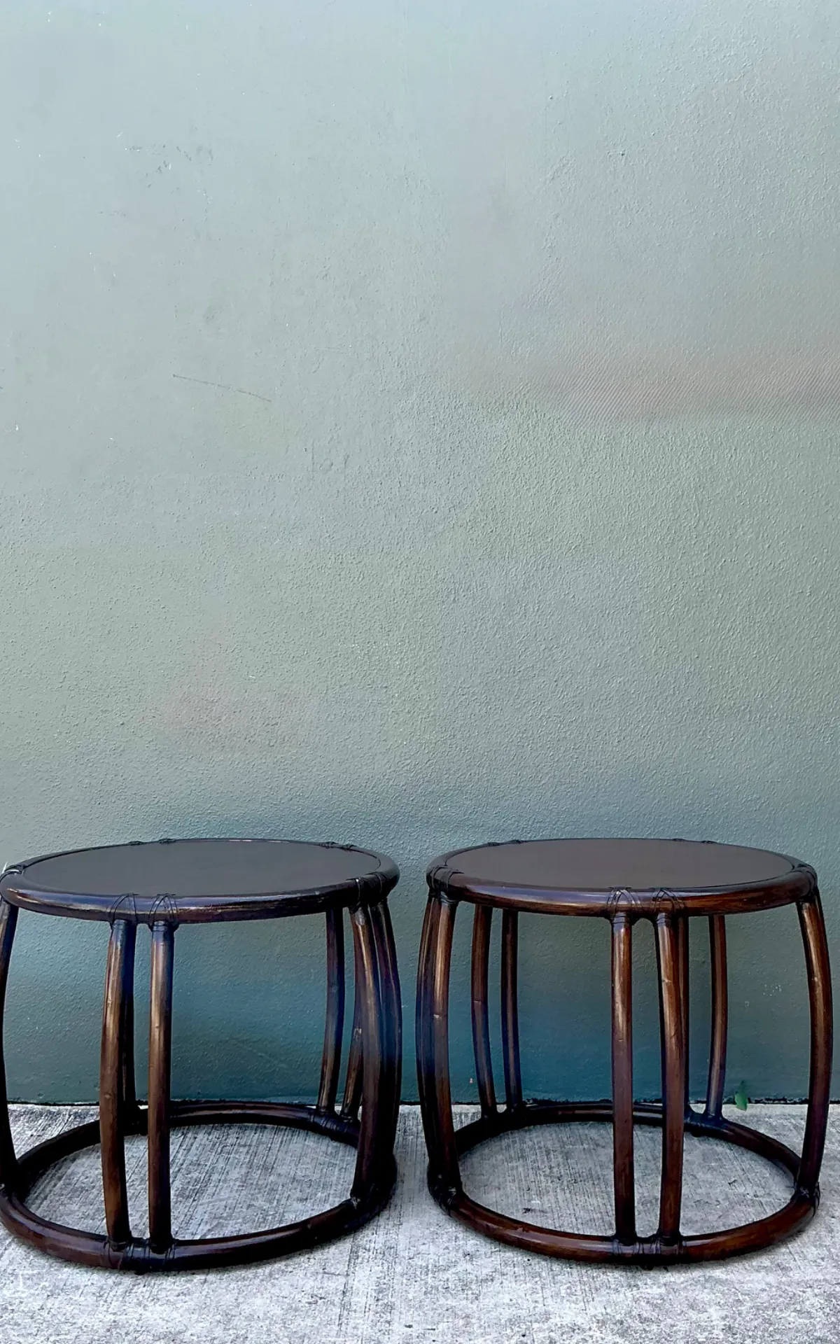 Vintage McGuire Rattan Drum Side Tables - A Pair