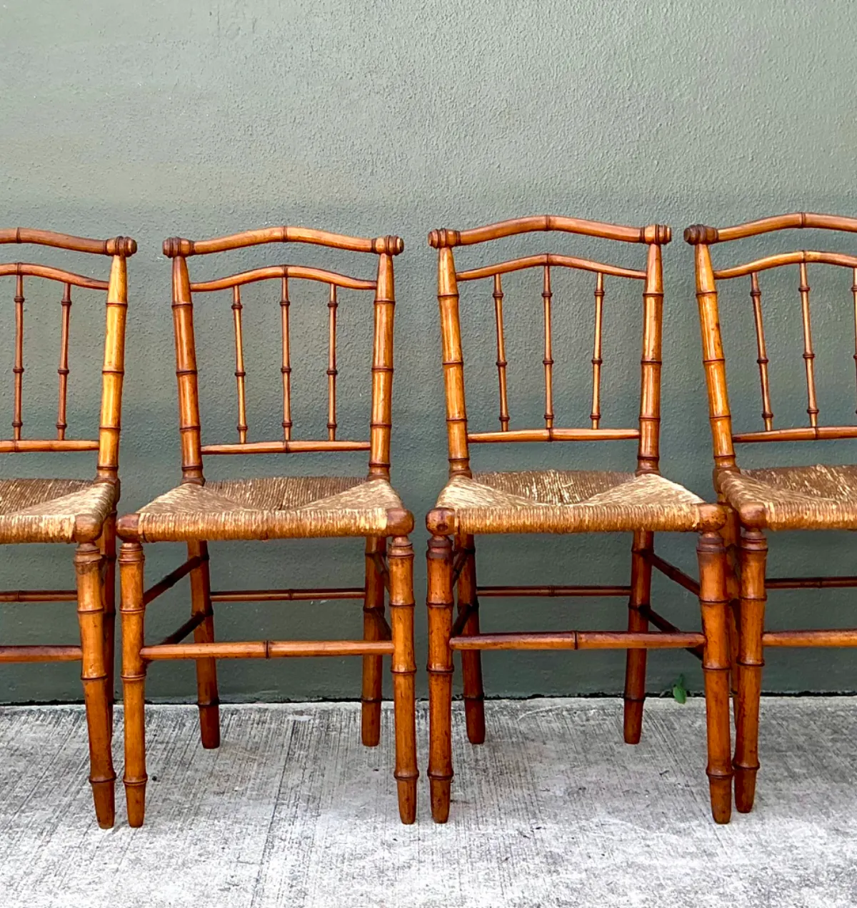 Vintage Bamboo-Style Wood and Cane Chairs - Set of 4 — additional photo 5