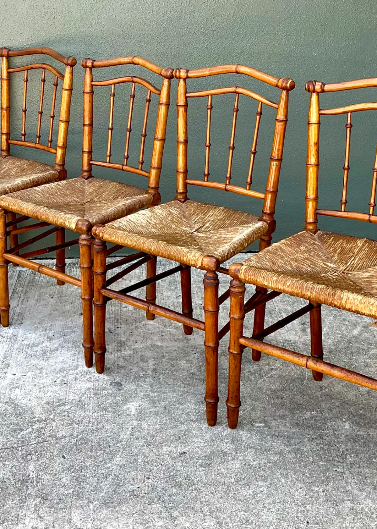 Vintage Bamboo-Style Wood and Cane Chairs - Set of 4