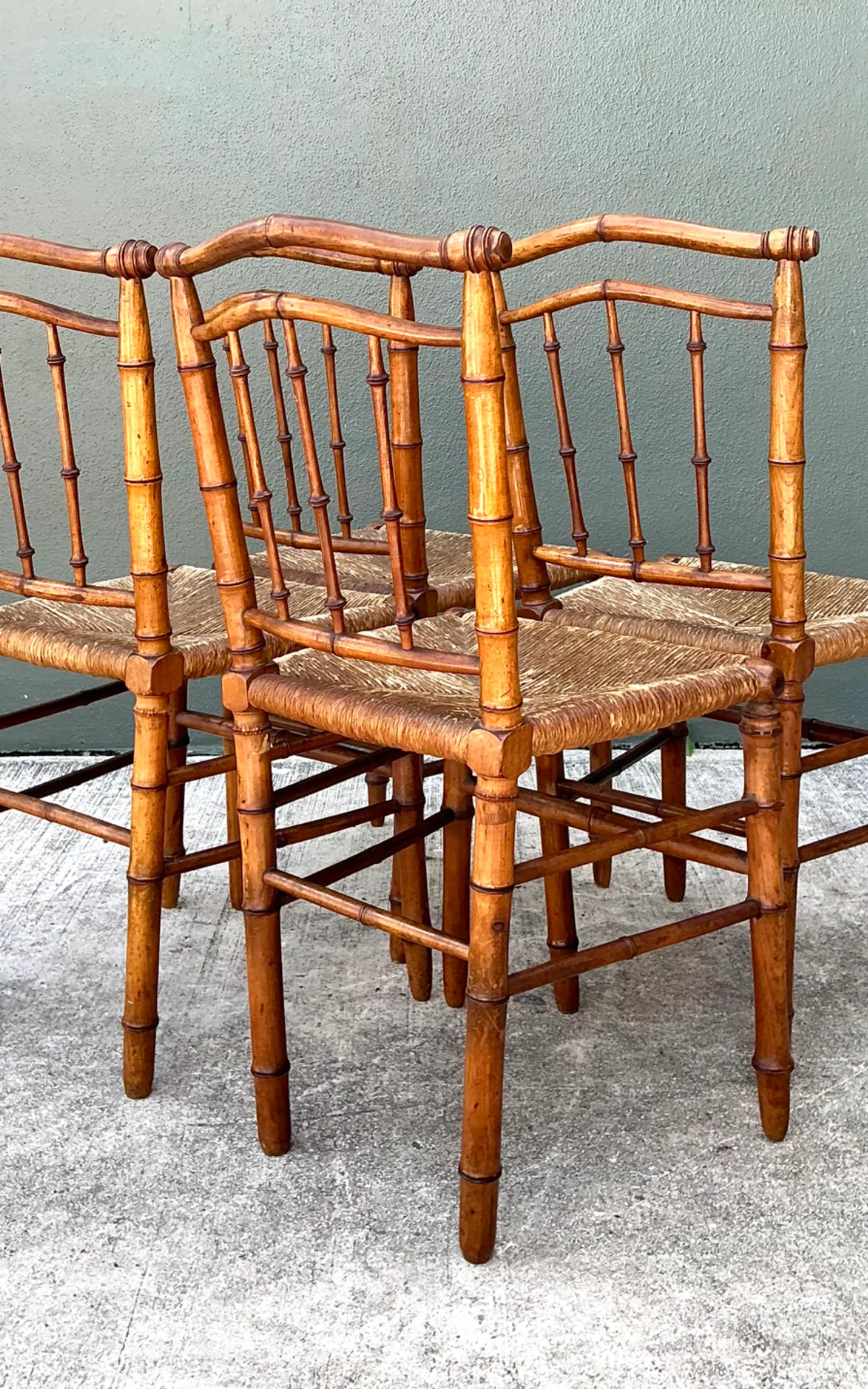 Vintage Bamboo-Style Wood and Cane Chairs - Set of 4 — additional photo 6