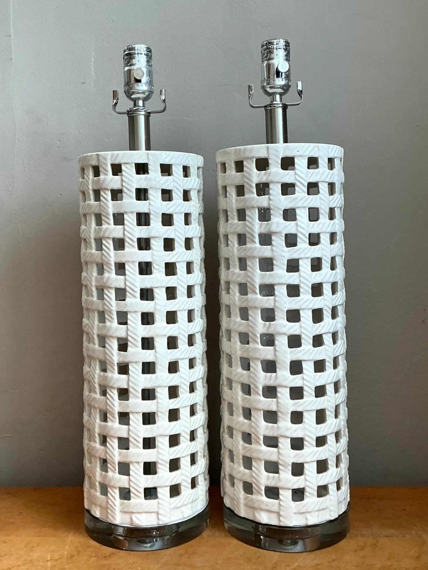 Vintage Lattice Ceramic and Chrome Lamps - Pair — additional photo 4