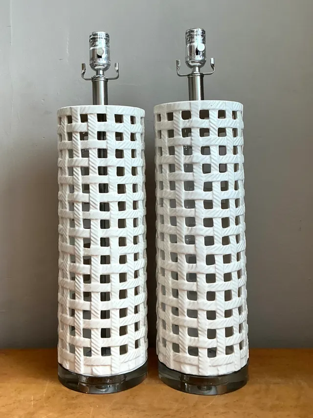 Vintage Lattice Ceramic and Chrome Lamps - Pair — additional photo 2