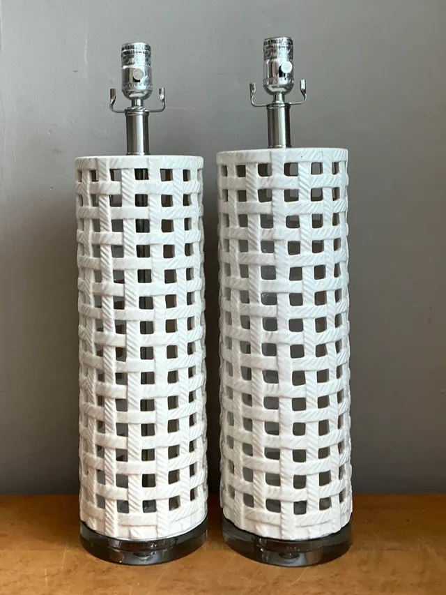 Vintage Lattice Ceramic and Chrome Lamps - Pair — additional photo 6