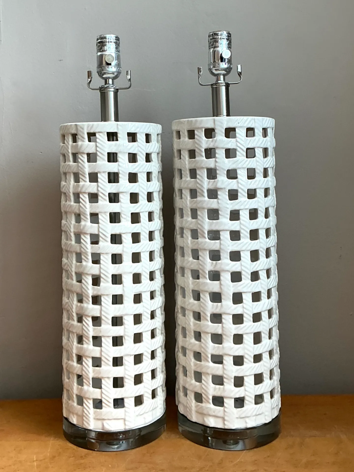 Vintage Lattice Ceramic and Chrome Lamps - Pair — additional photo 8