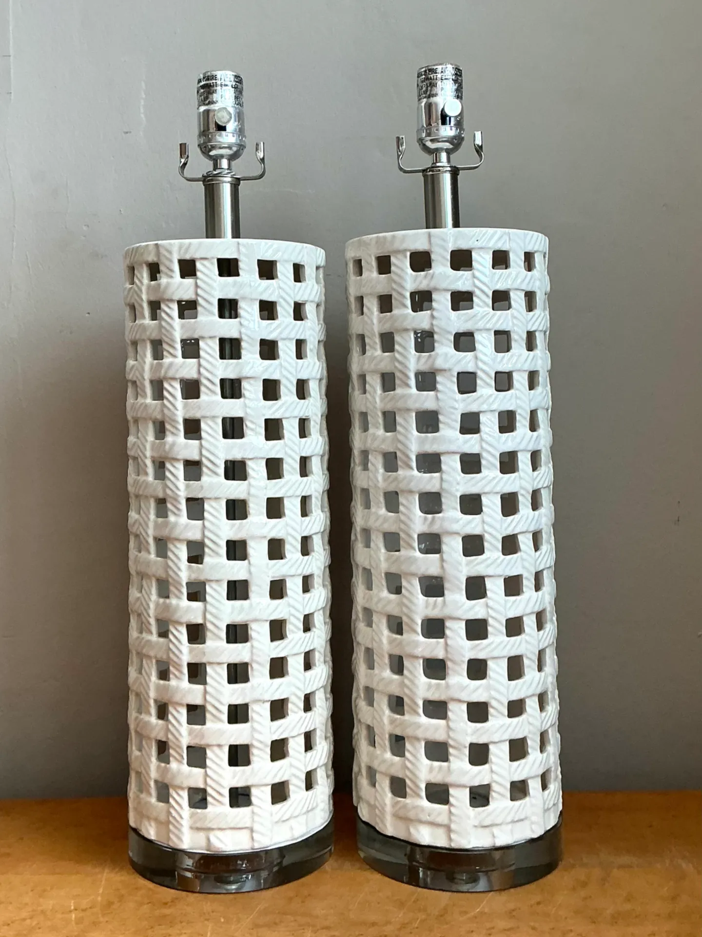 Vintage Lattice Ceramic and Chrome Lamps - Pair — additional photo 1