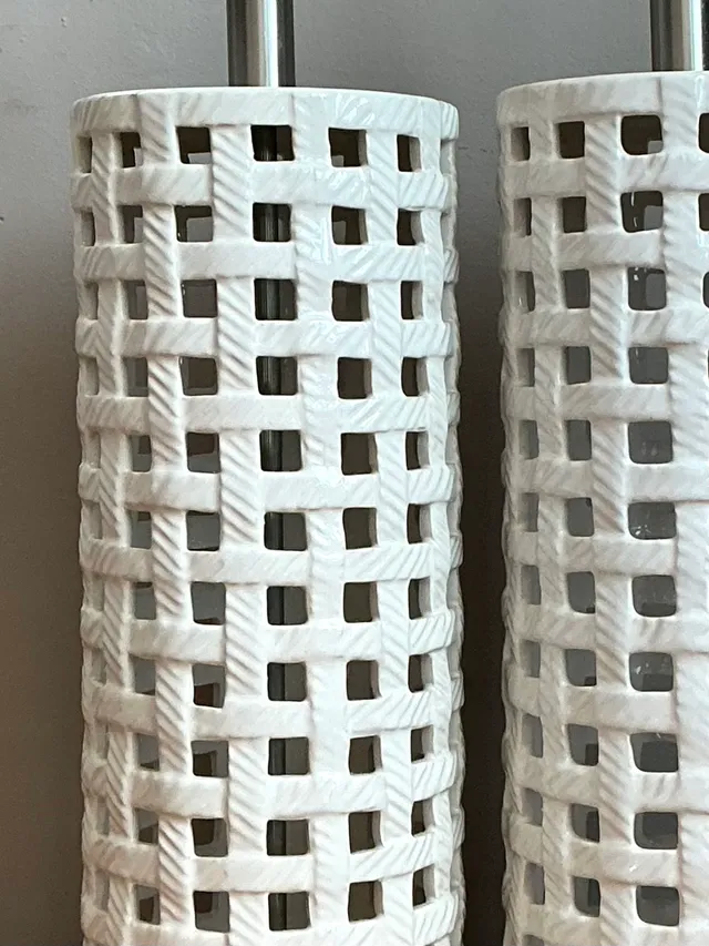 Vintage Lattice Ceramic and Chrome Lamps - Pair — additional photo 3