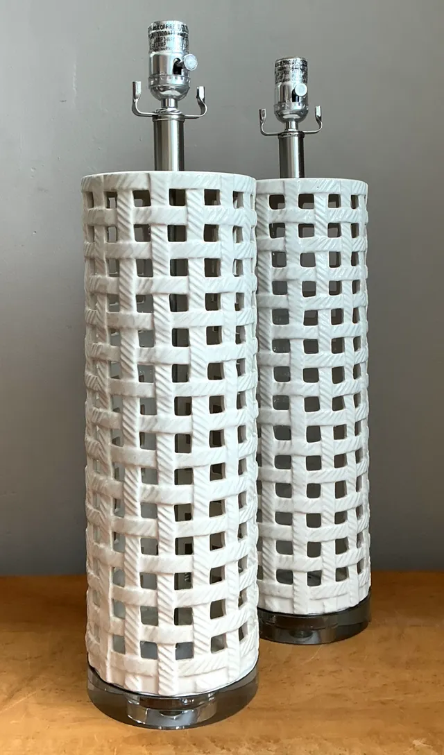 Vintage Lattice Ceramic and Chrome Lamps - Pair — additional photo 7