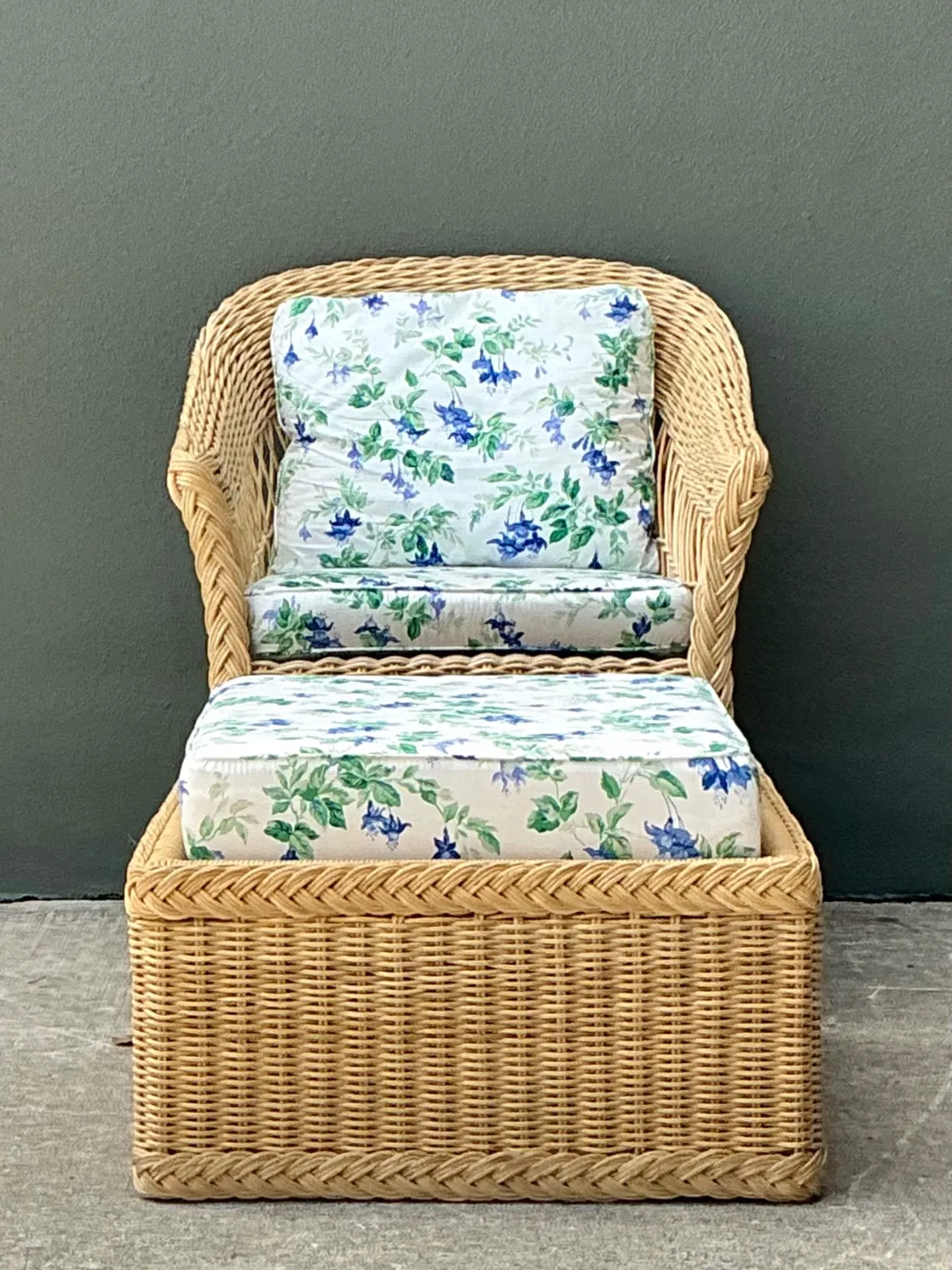 Vintage Woven Rattan Chair And Ottoman In Schumacher “Garden Gate” — additional photo 2