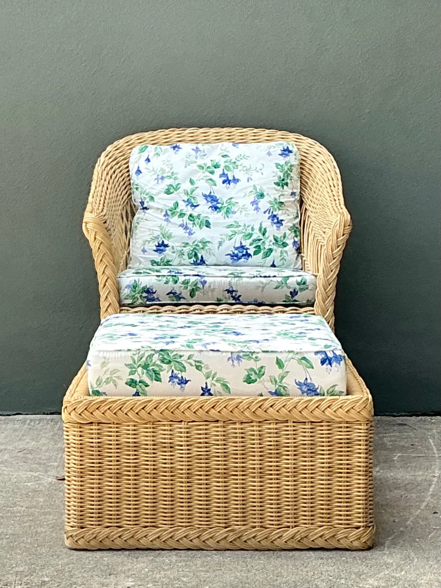 Vintage Woven Rattan Chair And Ottoman In Schumacher “Garden Gate” — additional photo 8