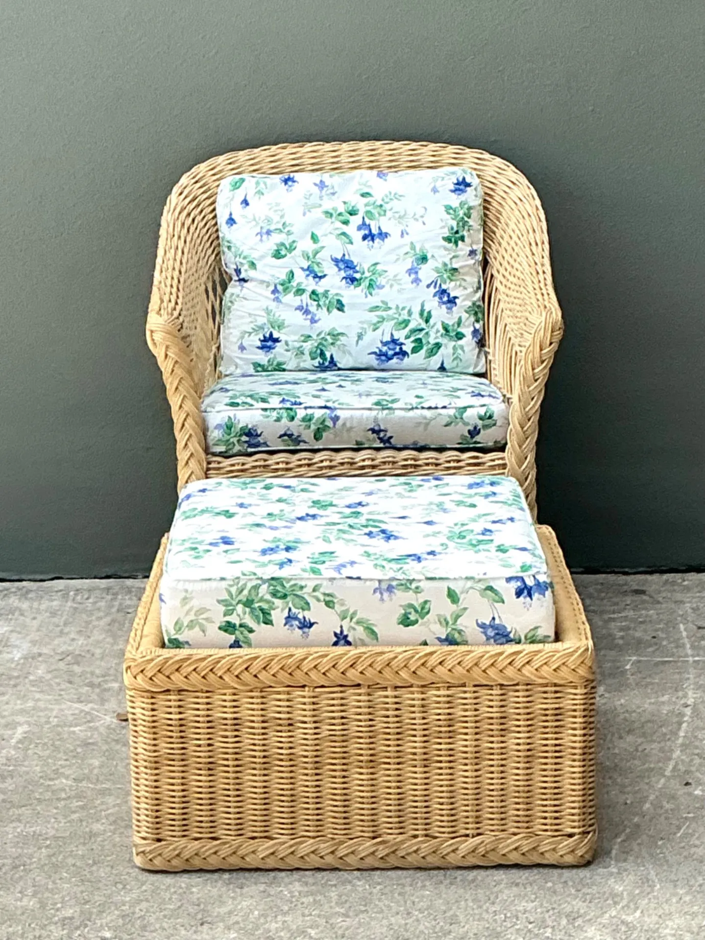 Vintage Woven Rattan Chair And Ottoman In Schumacher “Garden Gate” — additional photo 3