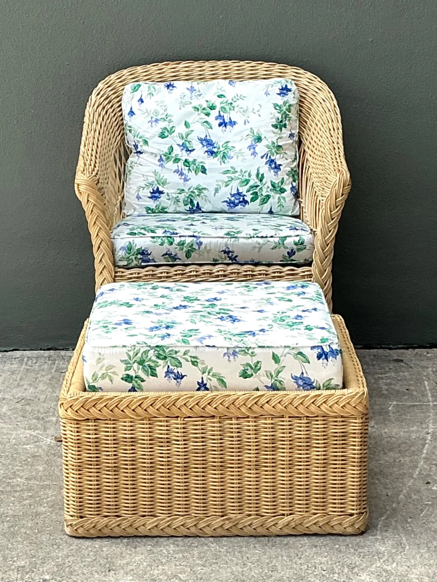Vintage Woven Rattan Chair And Ottoman In Schumacher “Garden Gate” — additional photo 6