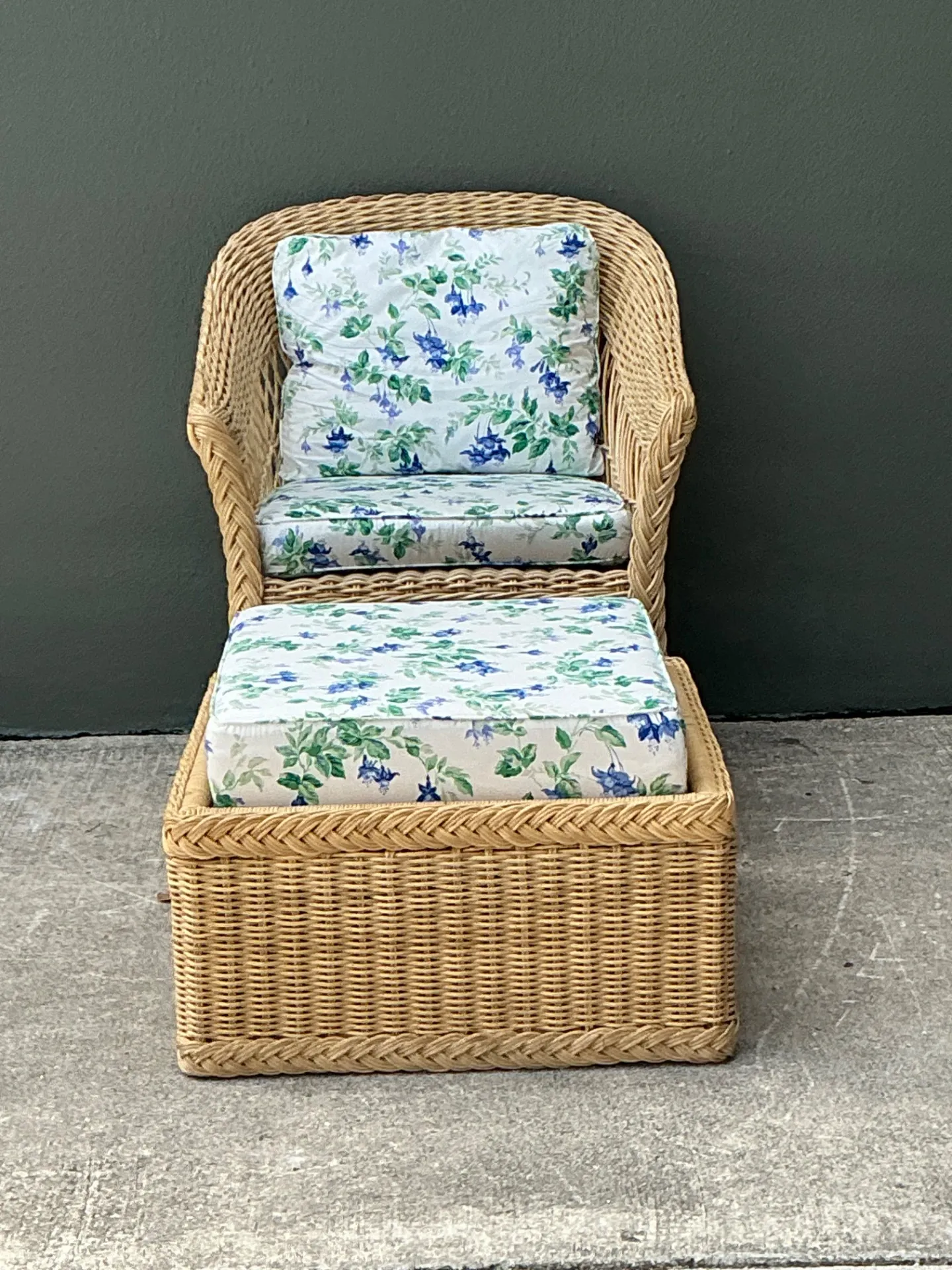 Vintage Woven Rattan Chair And Ottoman In Schumacher “Garden Gate” — additional photo 1