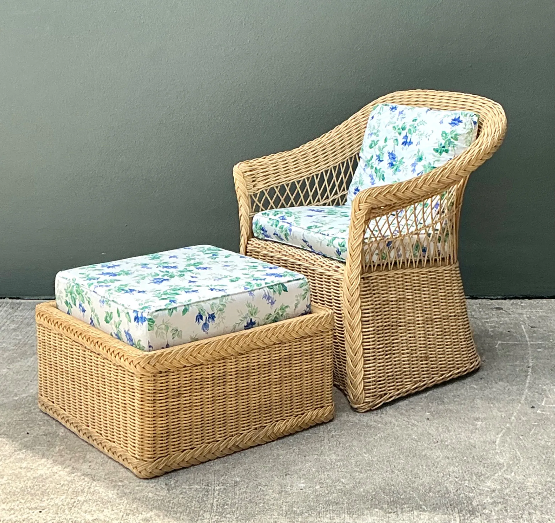 Vintage Woven Rattan Chair And Ottoman In Schumacher “Garden Gate” — additional photo 7