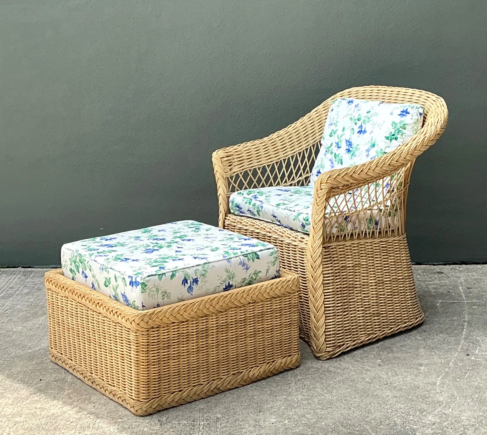 Vintage Woven Rattan Chair And Ottoman In Schumacher “Garden Gate” — additional photo 4