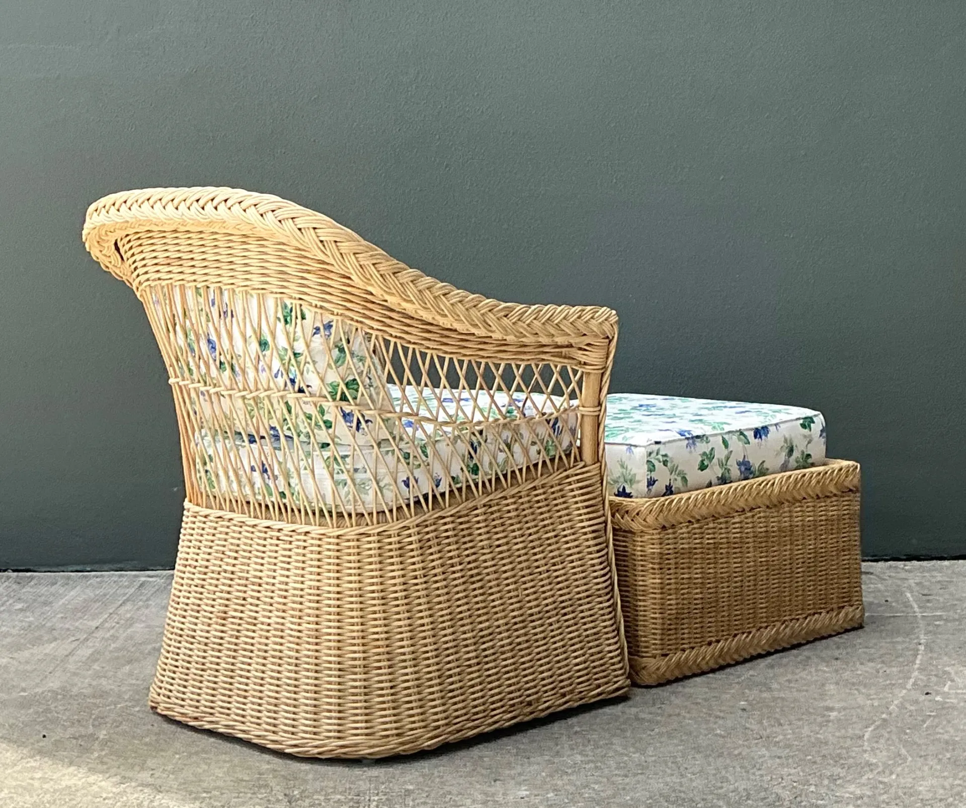 Vintage Woven Rattan Chair And Ottoman In Schumacher “Garden Gate” — additional photo 5